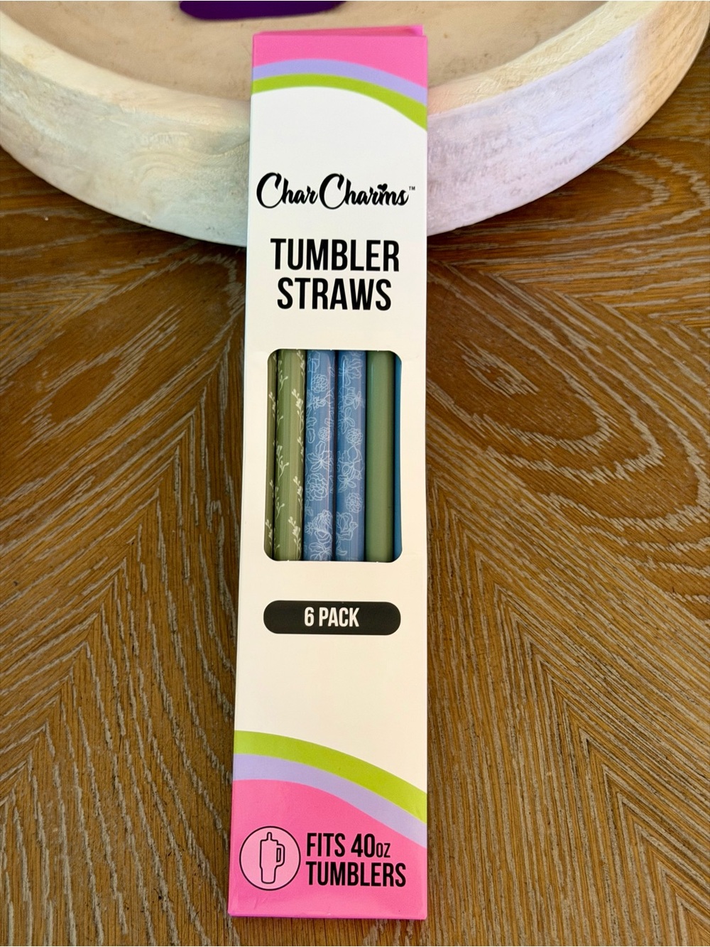 Char Charms Pink, Green & Blue Tumbler Straws - 6 Pack